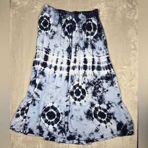 Magic Blue White Tie Dye Tiered Ruffle Lightweight MIDI Boho 100% Rayon Skirt M